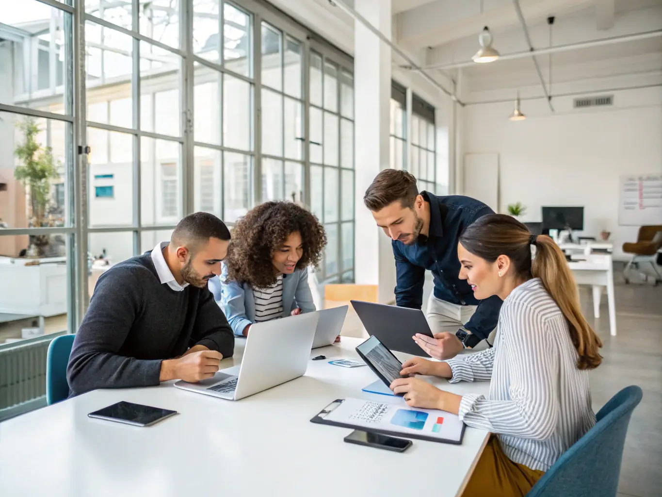 A team of digital marketing experts collaborating in a modern office.