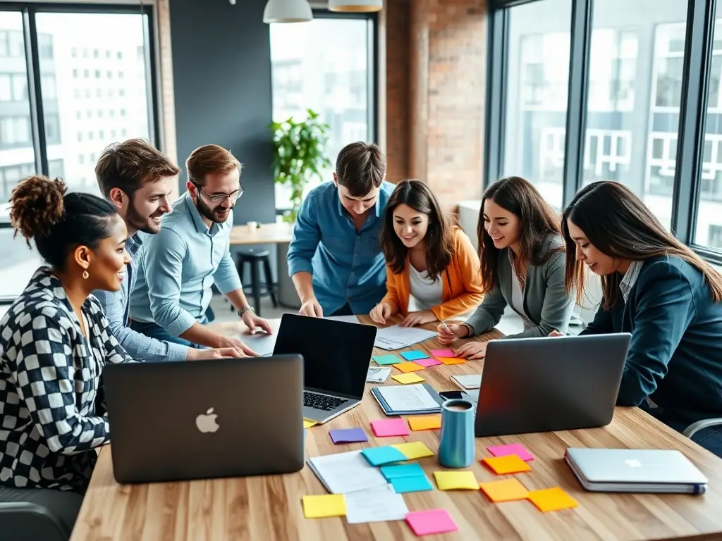 A digital marketing team collaborating on a project in a modern office.