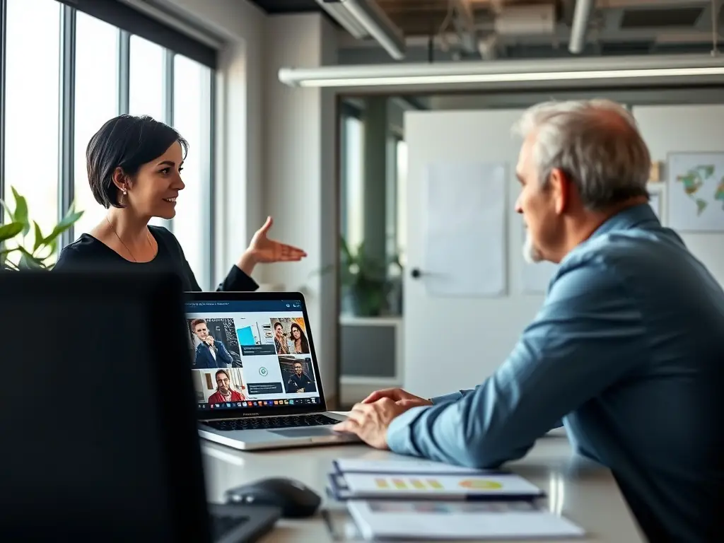 A digital marketing strategist presenting a campaign plan to a client in a modern office.