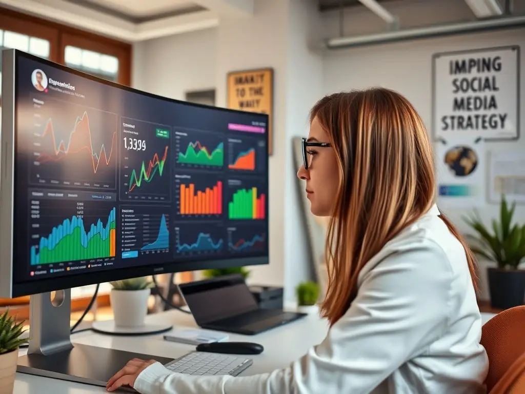 A social media manager analyzing engagement metrics on a computer screen in a bright office.
